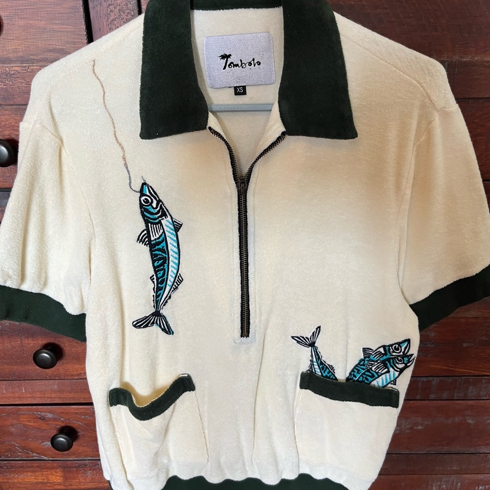 Tombolo Cream and Green Men's Terry Cloth Shirt with Fish Embroidery